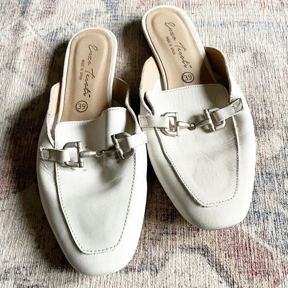 Ivory Leather Mule Loafer Slides Enzo Testoni Size 8 39 Quiet Luxury Preppy - Picture 2 of 13